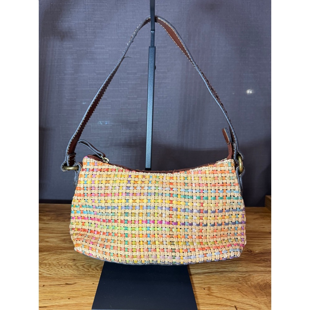 Y2k Fossil Multi Color Woven Straw Leather Shoulder Bag Boho Baguette
